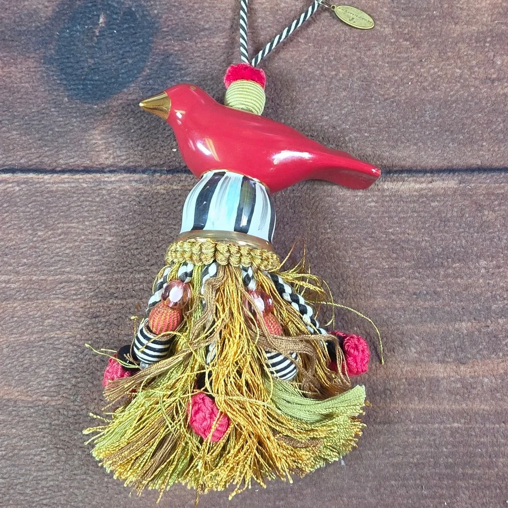 MacKenzie-Childs Cardinal Bird Tassel Ornament Red OS Good Striped Whimsical